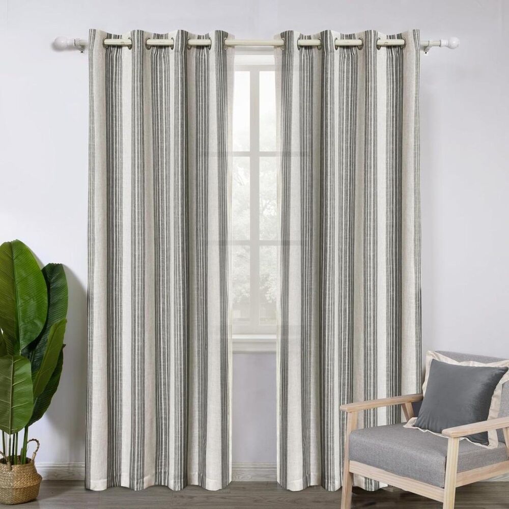 Brand New DriftAway Grey on Beige Striped Linen Curtains 96″ Long – Set of 2